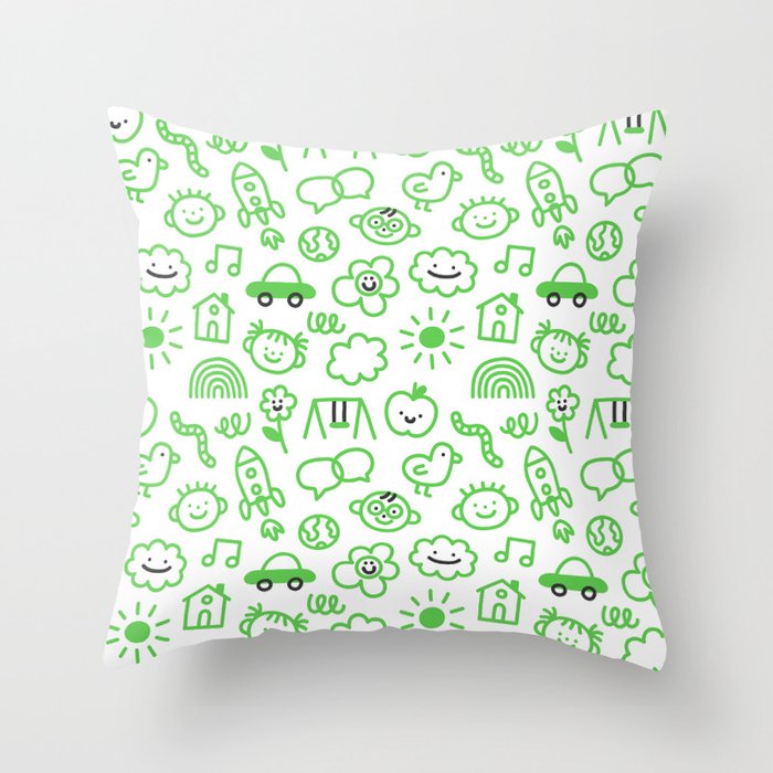 Green eco friendly children doodle pattern Throw Pillow Gallery Image 1
