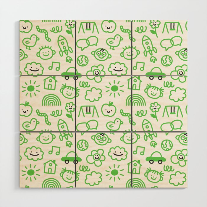 Green eco friendly children doodle pattern Wood Wall Art Gallery Image 1