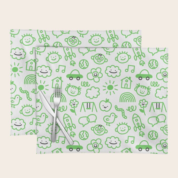 Green eco friendly children doodle pattern Placemat Gallery Image 1