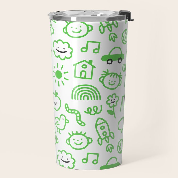 Green eco friendly children doodle pattern Travel Mug Gallery Image 2