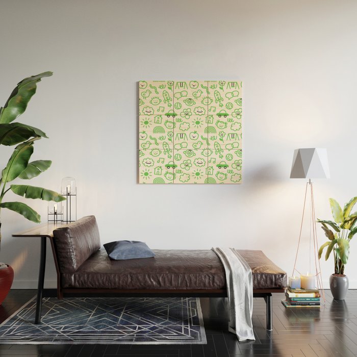 Green eco friendly children doodle pattern Wood Wall Art Gallery Image 2