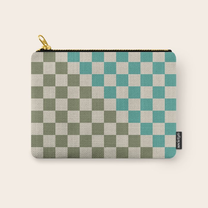 Checkerboard Diagonal Check Pattern in Vintage Olive Green and Turquoise Teal Carry All Pouch Gallery Image 1