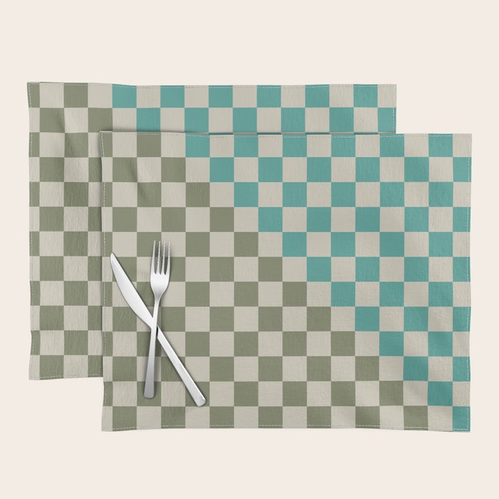 Checkerboard Diagonal Check Pattern in Vintage Olive Green and Turquoise Teal Placemat Gallery Image 1