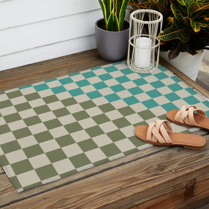 Checkerboard Diagonal Check Pattern in Vintage Olive Green and Turquoise Teal Outdoor Rug Gallery Image 2