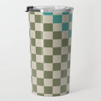 Checkerboard Diagonal Check Pattern in Vintage Olive Green and Turquoise Teal Travel Mug Gallery Image 3