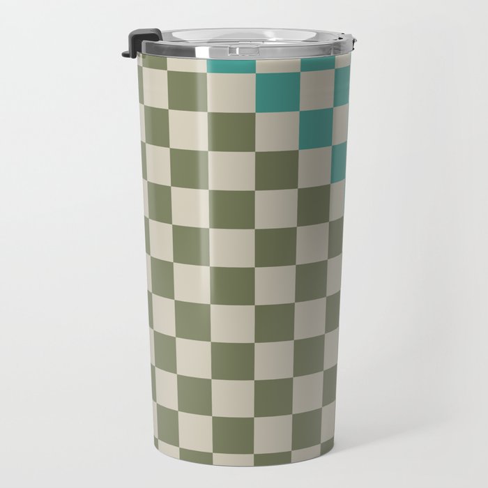 Checkerboard Diagonal Check Pattern in Vintage Olive Green and Turquoise Teal Travel Mug Gallery Image 3