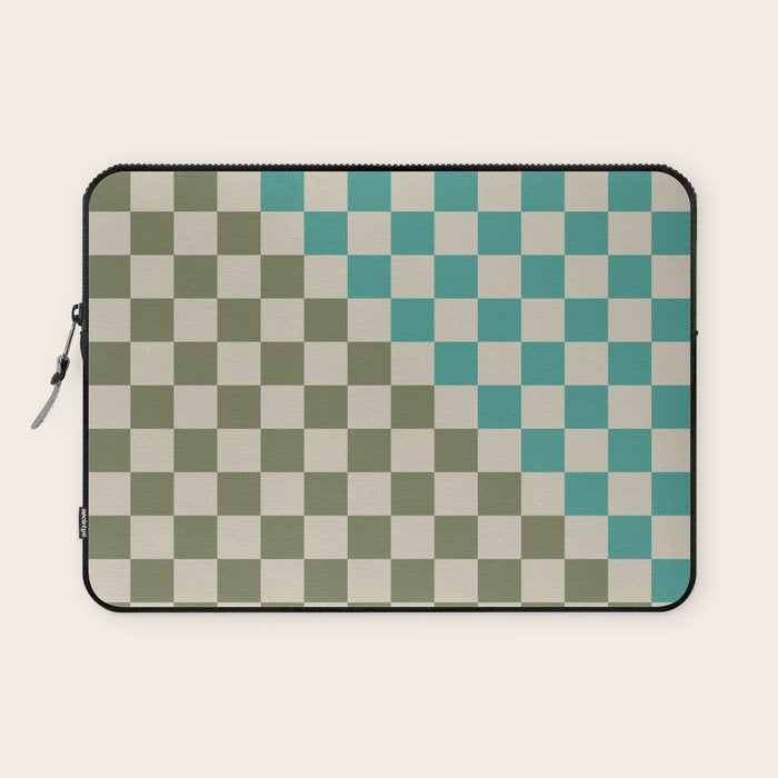 Checkerboard Diagonal Check Pattern in Vintage Olive Green and Turquoise Teal Laptop Sleeve Gallery Image 1