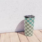 Checkerboard Diagonal Check Pattern in Vintage Olive Green and Turquoise Teal Travel Mug Gallery Image 4