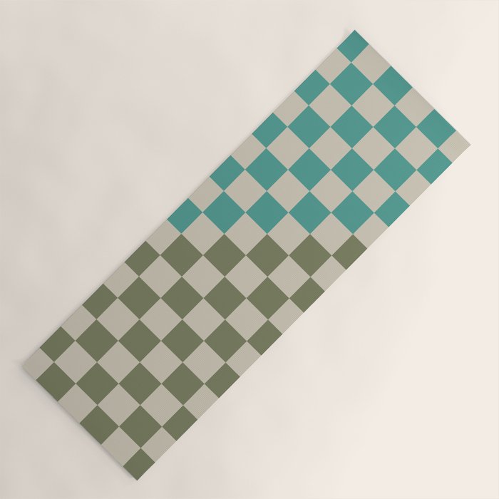 Checkerboard Diagonal Check Pattern in Vintage Olive Green and Turquoise Teal Yoga Mat Gallery Image 1