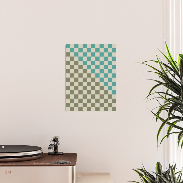 Checkerboard Diagonal Check Pattern in Vintage Olive Green and Turquoise Teal Poster Gallery Image 2