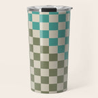 Checkerboard Diagonal Check Pattern in Vintage Olive Green and Turquoise Teal Travel Mug Gallery Image 1