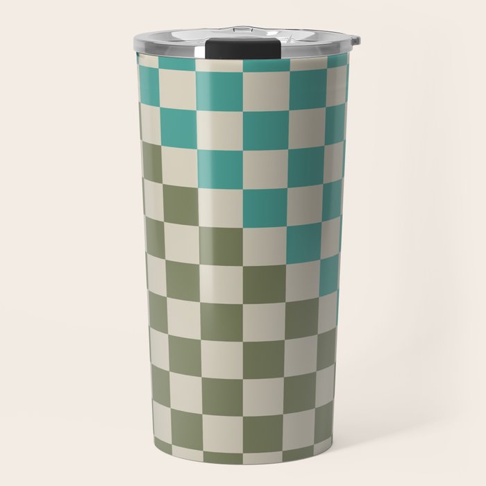 Checkerboard Diagonal Check Pattern in Vintage Olive Green and Turquoise Teal Travel Mug Gallery Image 1