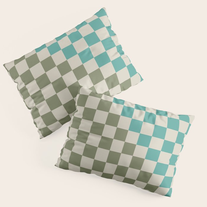 Checkerboard Diagonal Check Pattern in Vintage Olive Green and Turquoise Teal Pillow Sham Gallery Image 1