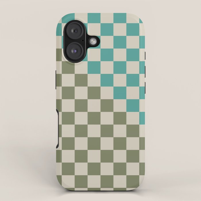 Checkerboard Diagonal Check Pattern in Vintage Olive Green and Turquoise Teal iPhone Case Gallery Image 1