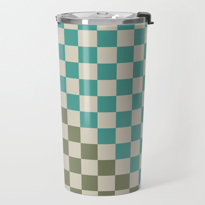 Checkerboard Diagonal Check Pattern in Vintage Olive Green and Turquoise Teal Travel Mug Gallery Image 2