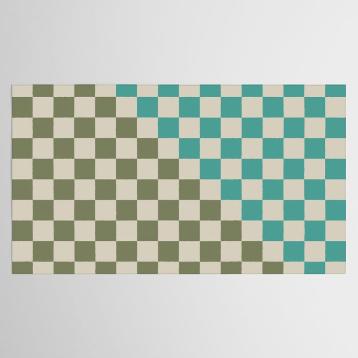 Checkerboard Diagonal Check Pattern in Vintage Olive Green and Turquoise Teal Tablecloth Gallery Image 2