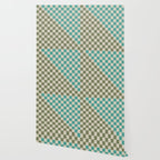 Checkerboard Diagonal Check Pattern in Vintage Olive Green and Turquoise Teal Wallpaper Gallery Image 2