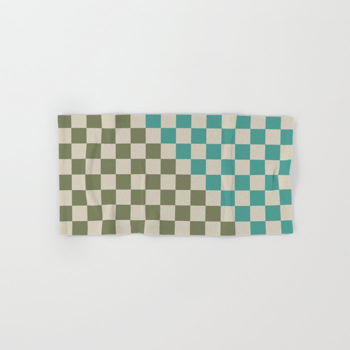Checkerboard Diagonal Check Pattern in Vintage Olive Green and Turquoise Teal Bath Towel Gallery Image 1
