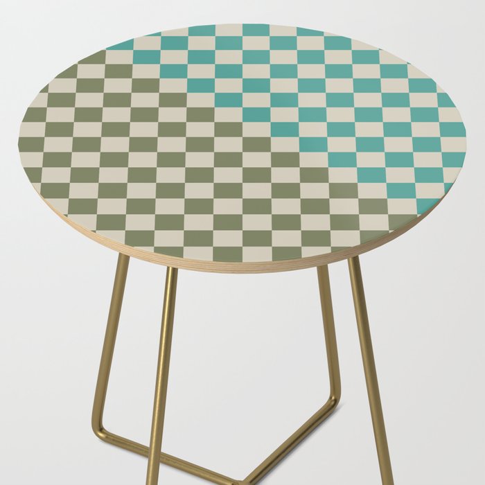 Checkerboard Diagonal Check Pattern in Vintage Olive Green and Turquoise Teal Side Table Gallery Image 2