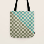 Checkerboard Diagonal Check Pattern in Vintage Olive Green and Turquoise Teal Tote Bag Gallery Image 1
