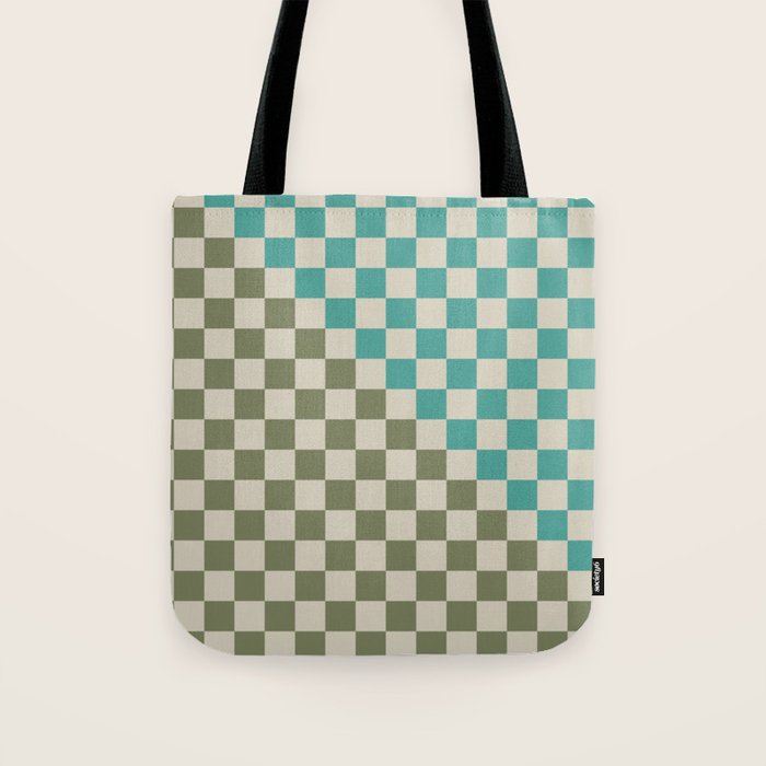 Checkerboard Diagonal Check Pattern in Vintage Olive Green and Turquoise Teal Tote Bag Gallery Image 1
