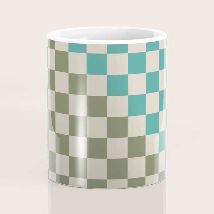 Checkerboard Diagonal Check Pattern in Vintage Olive Green and Turquoise Teal Coffee Mug Gallery Image 4