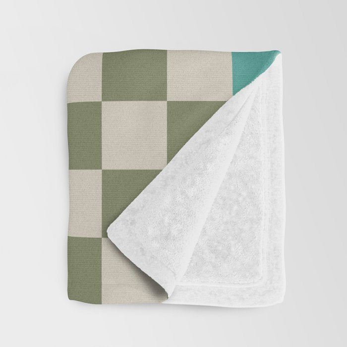 Checkerboard Diagonal Check Pattern in Vintage Olive Green and Turquoise Teal Throw Blanket Gallery Image 3