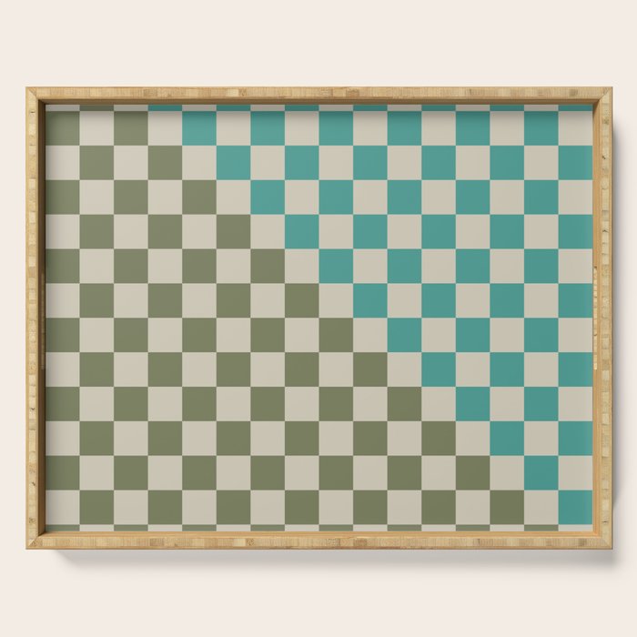 Checkerboard Diagonal Check Pattern in Vintage Olive Green and Turquoise Teal Serving Tray Gallery Image 1