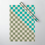 Checkerboard Diagonal Check Pattern in Vintage Olive Green and Turquoise Teal Wrapping Paper Gallery Image 1