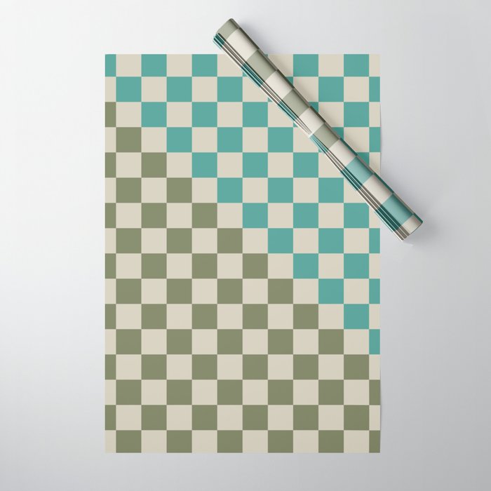 Checkerboard Diagonal Check Pattern in Vintage Olive Green and Turquoise Teal Wrapping Paper Gallery Image 1