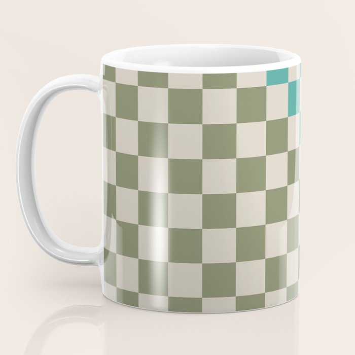 Checkerboard Diagonal Check Pattern in Vintage Olive Green and Turquoise Teal Coffee Mug Gallery Image 3