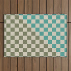 Checkerboard Diagonal Check Pattern in Vintage Olive Green and Turquoise Teal Outdoor Rug Gallery Image 1