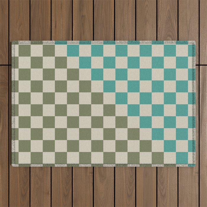 Checkerboard Diagonal Check Pattern in Vintage Olive Green and Turquoise Teal Outdoor Rug Gallery Image 1