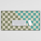 Checkerboard Diagonal Check Pattern in Vintage Olive Green and Turquoise Teal Desk Mat Gallery Image 1