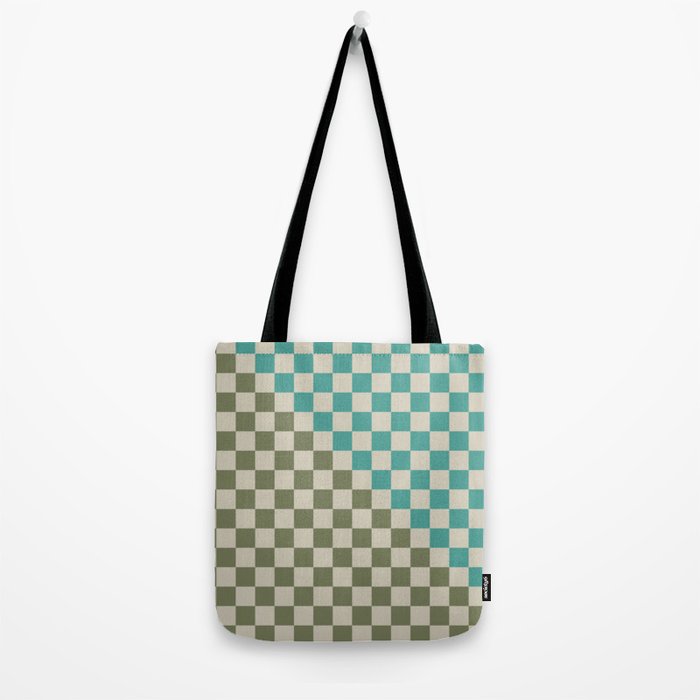 Checkerboard Diagonal Check Pattern in Vintage Olive Green and Turquoise Teal Tote Bag Gallery Image 2