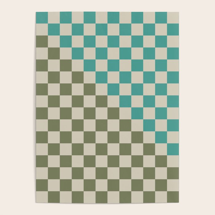 Checkerboard Diagonal Check Pattern in Vintage Olive Green and Turquoise Teal Poster Gallery Image 4