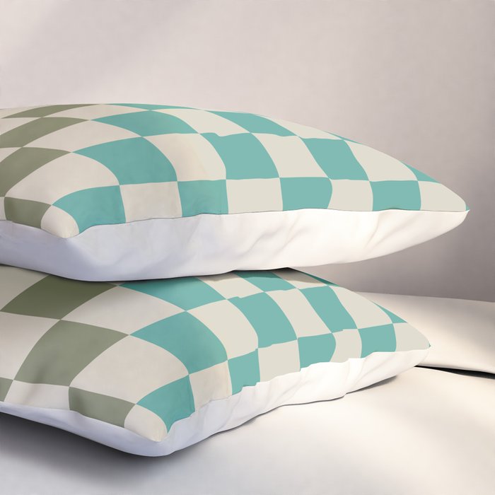 Checkerboard Diagonal Check Pattern in Vintage Olive Green and Turquoise Teal Pillow Sham Gallery Image 3