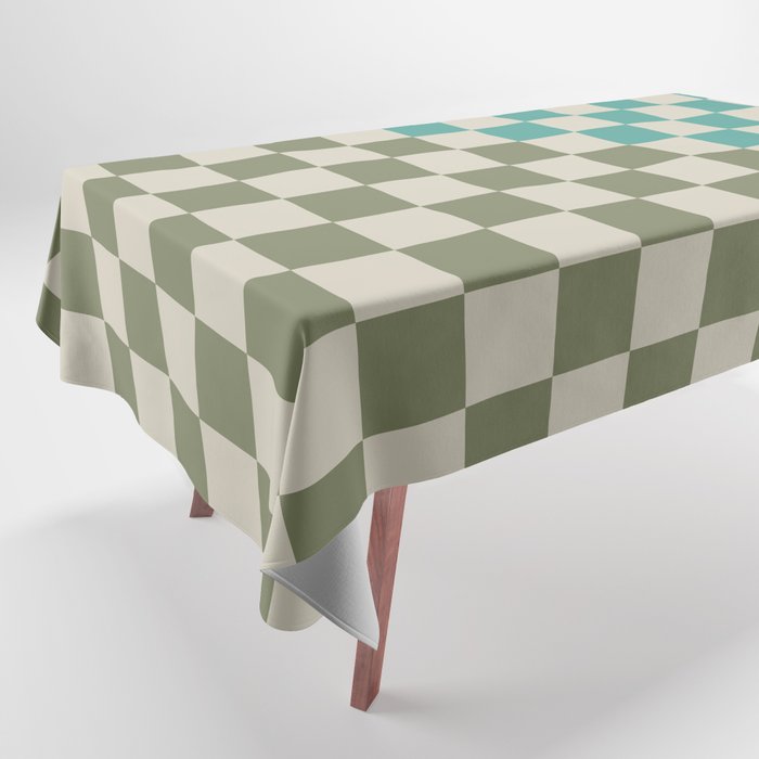Checkerboard Diagonal Check Pattern in Vintage Olive Green and Turquoise Teal Tablecloth Gallery Image 1