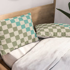 Checkerboard Diagonal Check Pattern in Vintage Olive Green and Turquoise Teal Pillow Sham Gallery Image 2