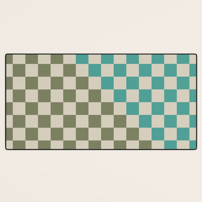 Checkerboard Diagonal Check Pattern in Vintage Olive Green and Turquoise Teal Desk Mat Gallery Image 3