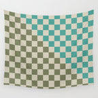 Checkerboard Diagonal Check Pattern in Vintage Olive Green and Turquoise Teal Wall Tapestry Gallery Image 4