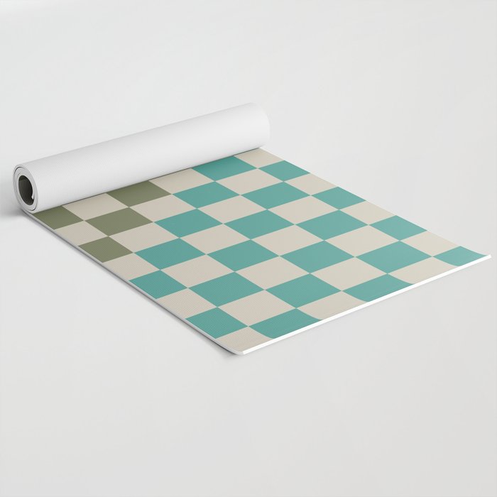 Checkerboard Diagonal Check Pattern in Vintage Olive Green and Turquoise Teal Yoga Mat Gallery Image 2