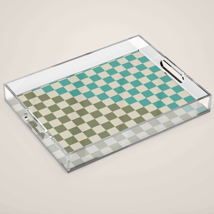 Checkerboard Diagonal Check Pattern in Vintage Olive Green and Turquoise Teal Acrylic Tray Gallery Image 1
