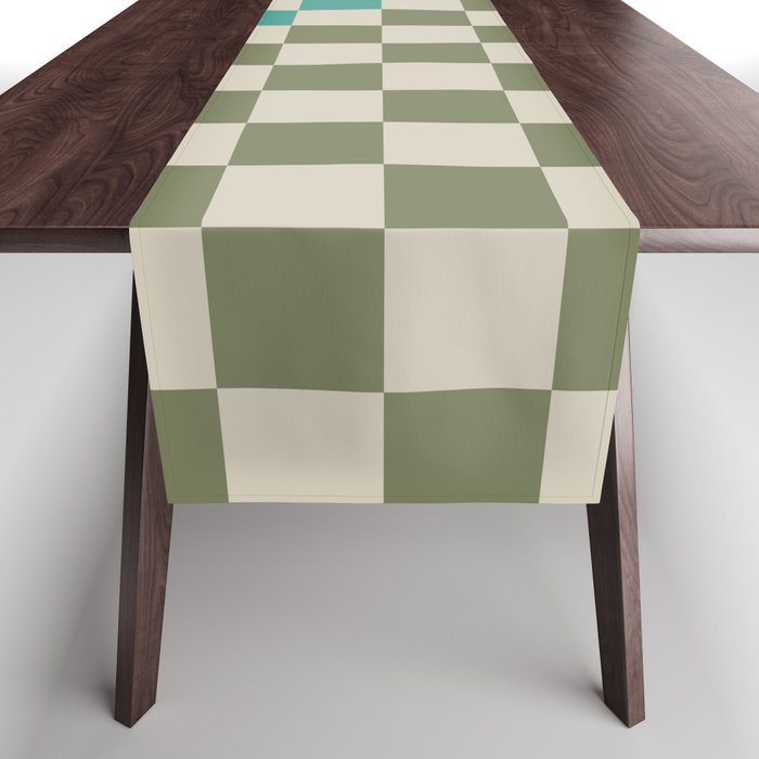 Checkerboard Diagonal Check Pattern in Vintage Olive Green and Turquoise Teal Table Runner Gallery Image 1