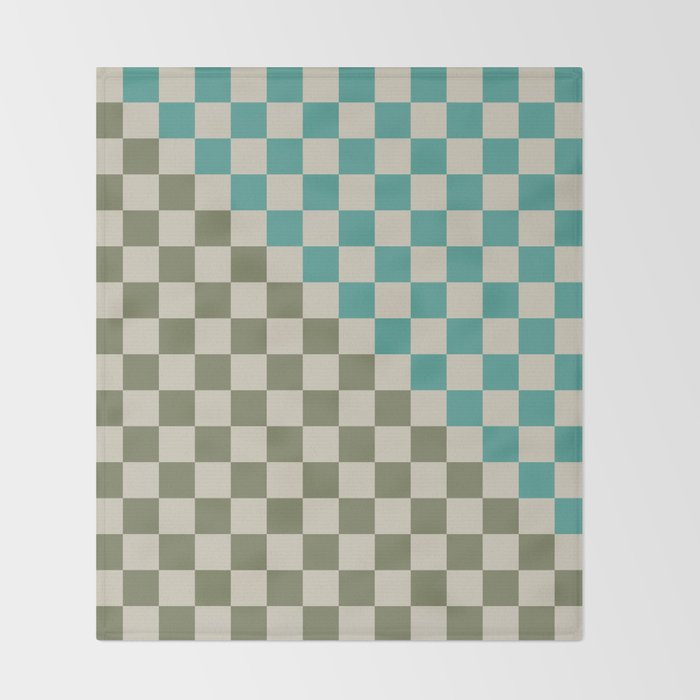 Checkerboard Diagonal Check Pattern in Vintage Olive Green and Turquoise Teal Throw Blanket Gallery Image 2