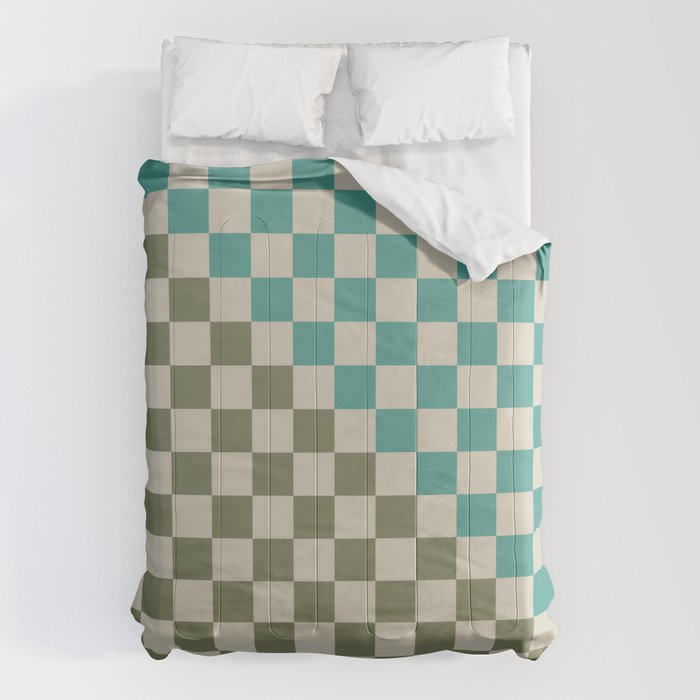 Checkerboard Diagonal Check Pattern in Vintage Olive Green and Turquoise Teal Comforter Gallery Image 6