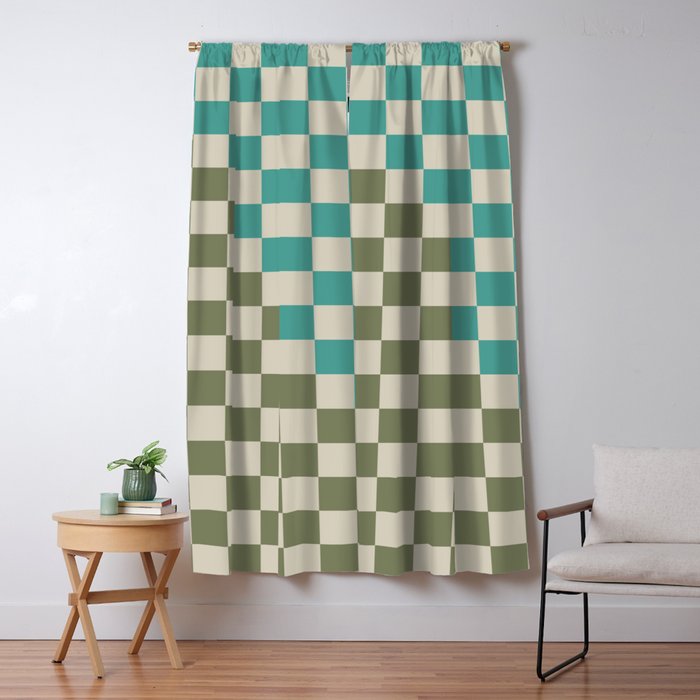 Checkerboard Diagonal Check Pattern in Vintage Olive Green and Turquoise Teal Window Curtain Gallery Image 5
