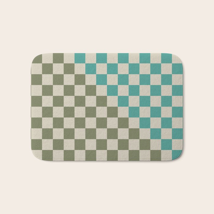 Checkerboard Diagonal Check Pattern in Vintage Olive Green and Turquoise Teal Bath Mat Gallery Image 1