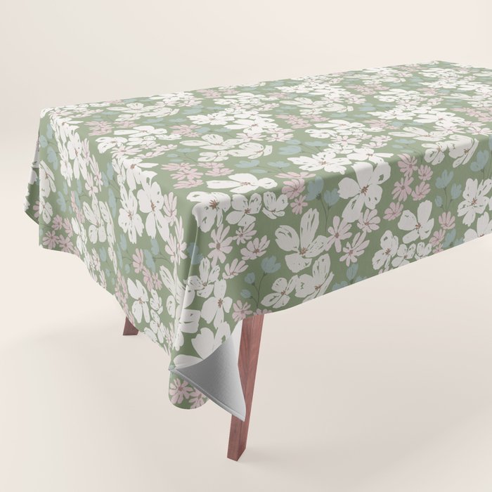 Soft meadow blooms - dusty mint, cream and pink floral pattern Tablecloth Gallery Image 1