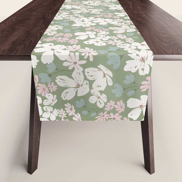 Soft meadow blooms - dusty mint, cream and pink floral pattern Table Runner Gallery Image 1